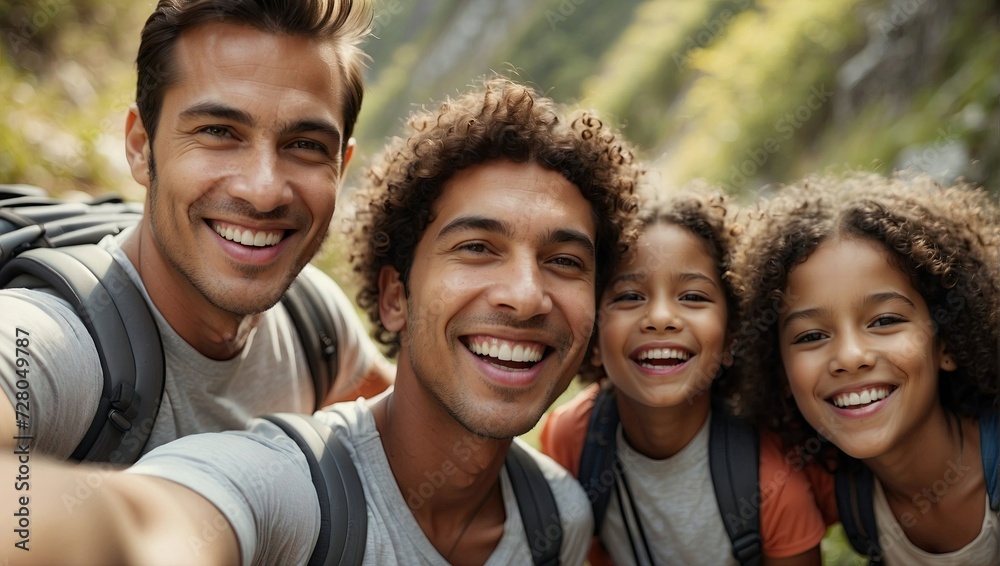 Joyful group selfie of a diverse family hiking, with beaming smiles and backpacks, surrounded by greenery. Joyful group selfie of a diverse family hiking, with beaming smiles and backpacks, surrounded by greenery.