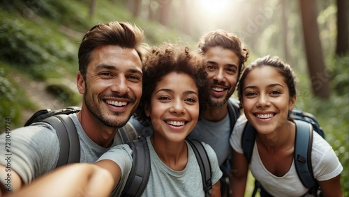 Group selfie of joyful hikers in the forest, diverse friends smiling with backpacks, outdoor adventure.