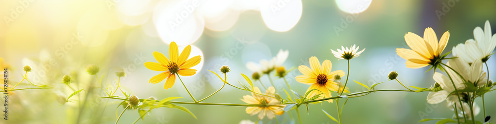 banner yellwo summer flowers on a  meadow with warm light