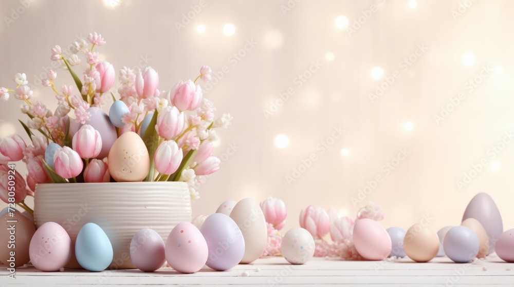 Colorful Easter Eggs in a Bowl with Tulips