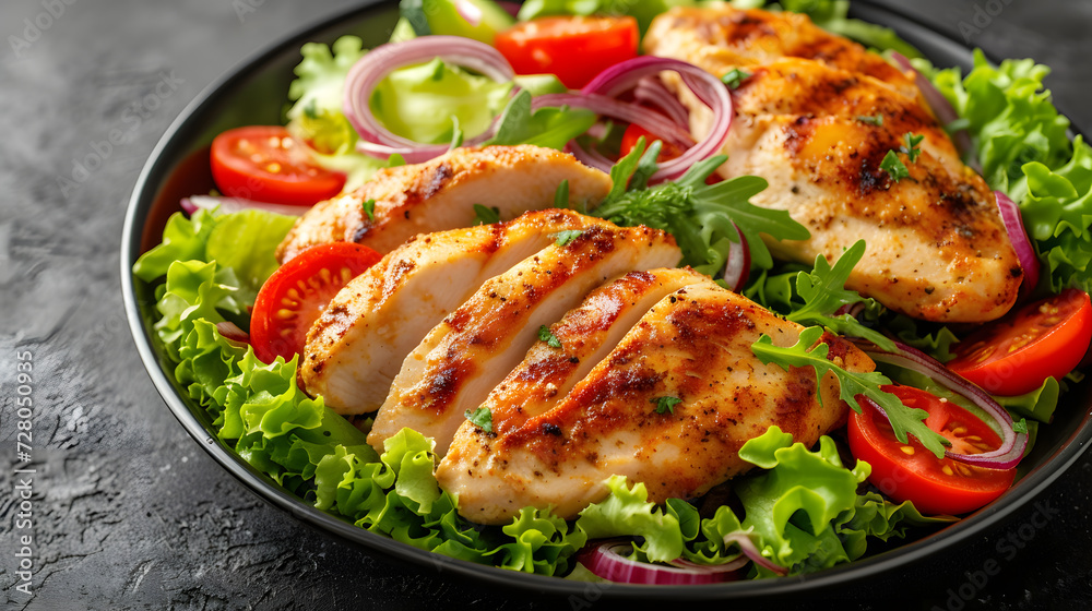 Grilled chicken fillet with fresh salad on a black plate.