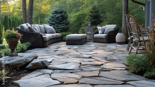Luxury Flagstone Patio by Tranquil Pool photo