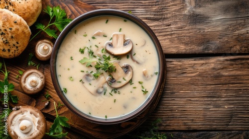 mushroom cream soup in a visually enticing photograph, showcasing the creamy texture and rich flavor of the soup in a bowl from a top-down perspective, leaving ample space for personalized text.