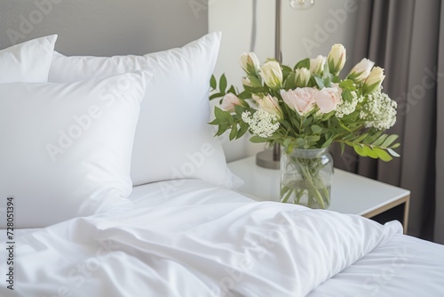 Elegant White Duvet on Bed with Fresh Flowers