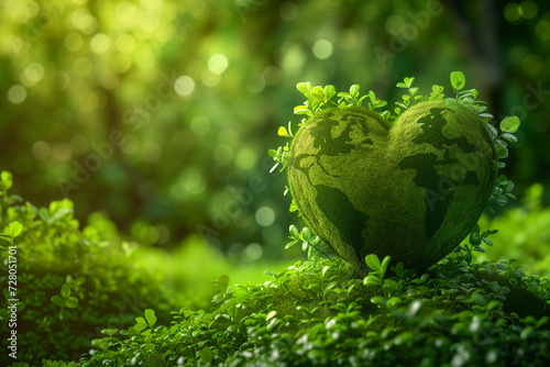 Heart-shaped forest on Earth, symbolizing love for our green planet, with dramatic composition and space for text