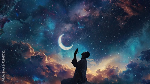 Muslim hands raised in prayer against the backdrop of a dark sky adorned with twinkling stars and a crescent moon, symbolizing the divine connection and reverence felt during moments of worship.