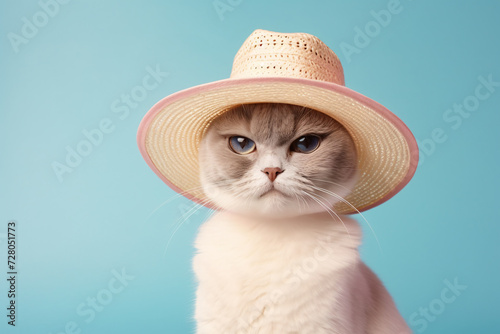 Cute cat with summer straw hat in front of blue studio background