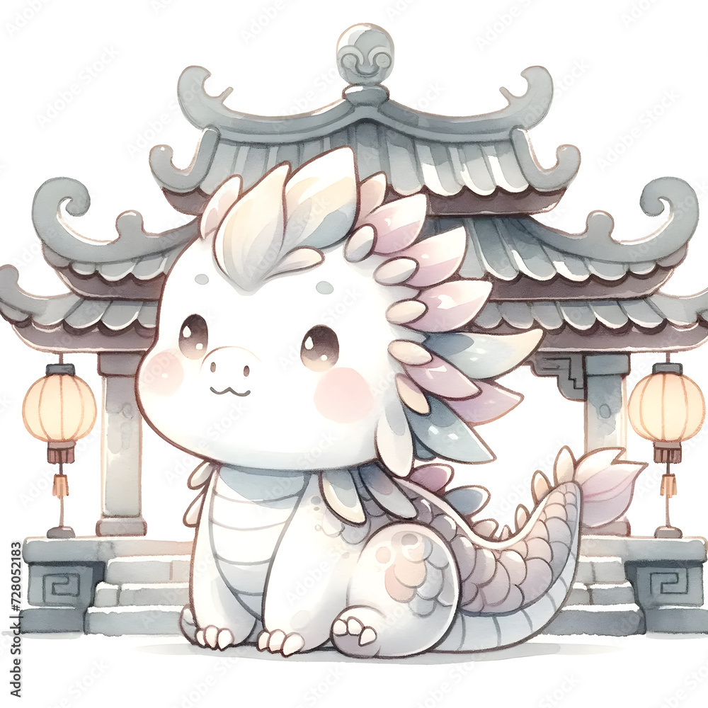 Charming Baby Dragon in Soft-Hued Chinese Pagoda