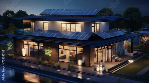 Modernes Haus mit nachhaltigem Energiekonzept, Solarenergie bei Neubau eines freistehenden Haus, Wohnen der Zukunft, Energiewende