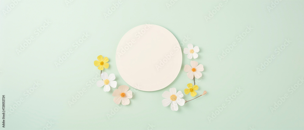 Round podium with paper flowers on green pastel background. 3D render. Product display or showcase.