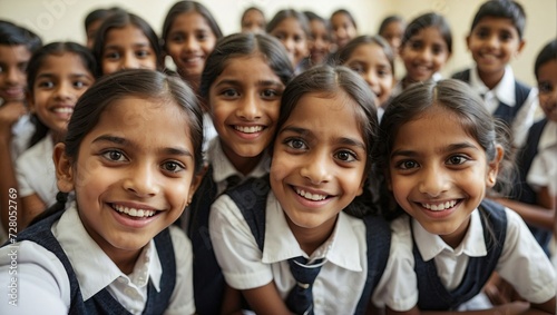 Close-up group selfie of smiling Indian schoolchildren in white and navy uniforms, gathered together with a school background. photo