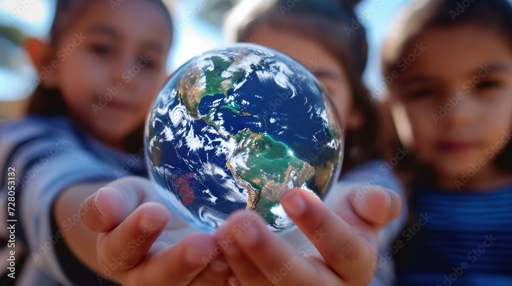 hands of childs holding globe - obrazy, fototapety, plakaty 
