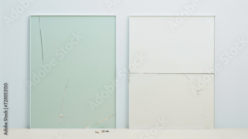 Two translucent glass or plexiglass panels with cracks and scratches on a white background. photo