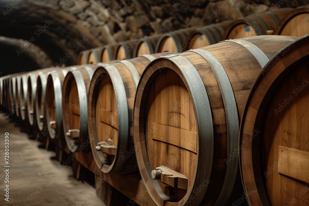 Vintage wine barrels in an old cellar, dark and atmospheric