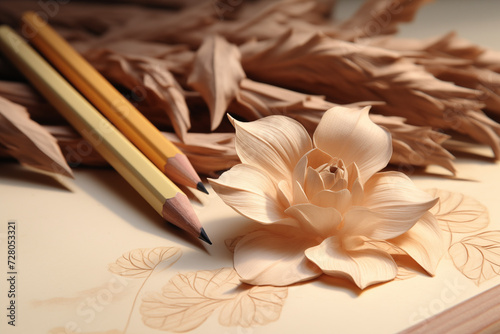 Blüte aus Holz mit Bleistift, Konzept Literatur und Schriftsteller, Erschaffe wundervolles aus Worten