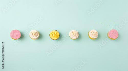 A row of beautifully decorated cupcakes on a vibrant blue background