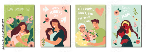 Mother's Day greeting postcard collection with womens and child cartoon illustration.Posters set with characters of different ages,floral composition,birds and hand lettering.Spring summer templates. © Alla