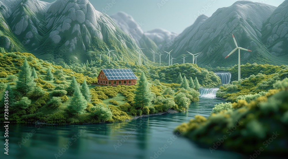 Tranquil 3D river valley with green energy infrastructure like