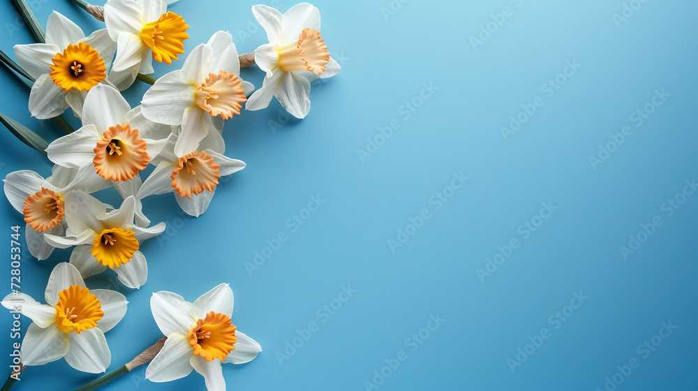 Garden daffodil flowers on blue background. Top-down view and copy space Garden daffodil flowers on blue background. Top-down view and copy space