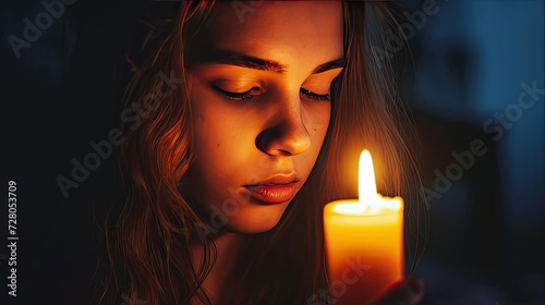a young woman stands with a burning candle in a candlestick against a dark background, the warm glow of the flame illuminating her features in the shadows. © lililia