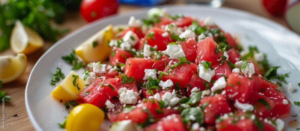 Refreshing Watermelon, Feta, and Salad Trio - A Delightful Combination of Watermelon, Feta, and Salad for a Sumptuous Summer Meal
