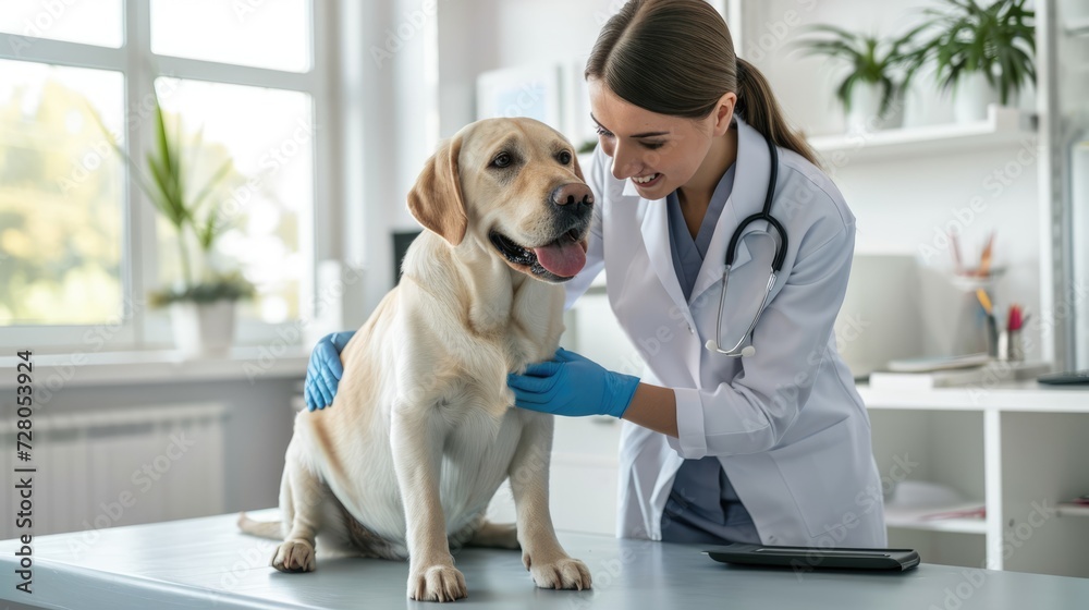 The picture captures a female vet, her face a blend of concentration and compassion, as she examines a golden retriever.
