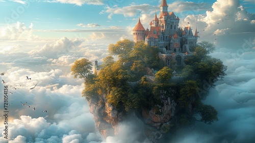 Majestic Castle in Clouds With Birds