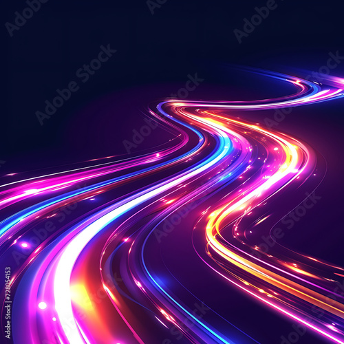 Fantastic neon background with colorful speedway lines, resembling a glowing energy stream, power jet, and curvy ribbon