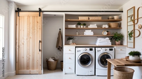 The laundry room with a sliding barn door and the interior of the kitchen photo