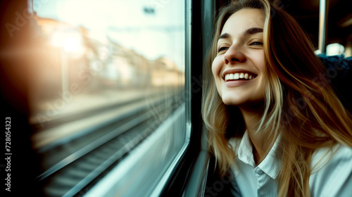 Happy young woman looking out the train window