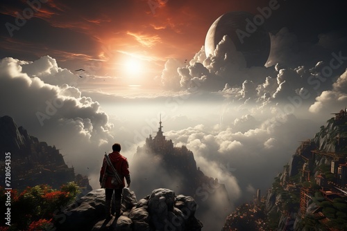 An astronaut in space on an alien planet.A man stands on a cliff looking at a planet with stars in the sky photo