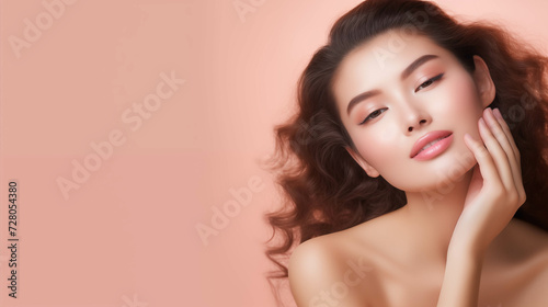 Young Caucasian woman with curly hair on pink background.