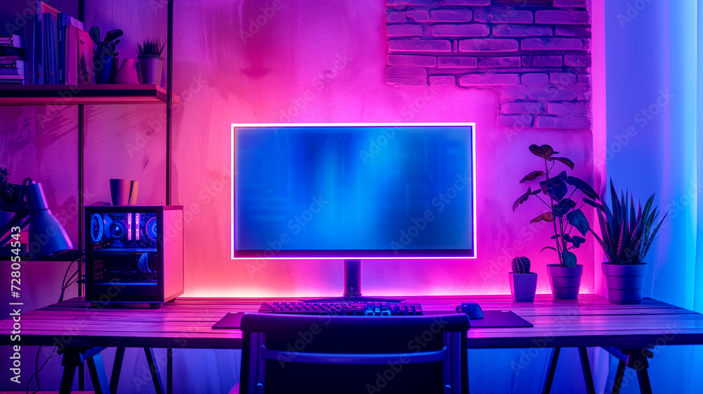 Desk with monitor - Neon lighting - Computer aesthetics.