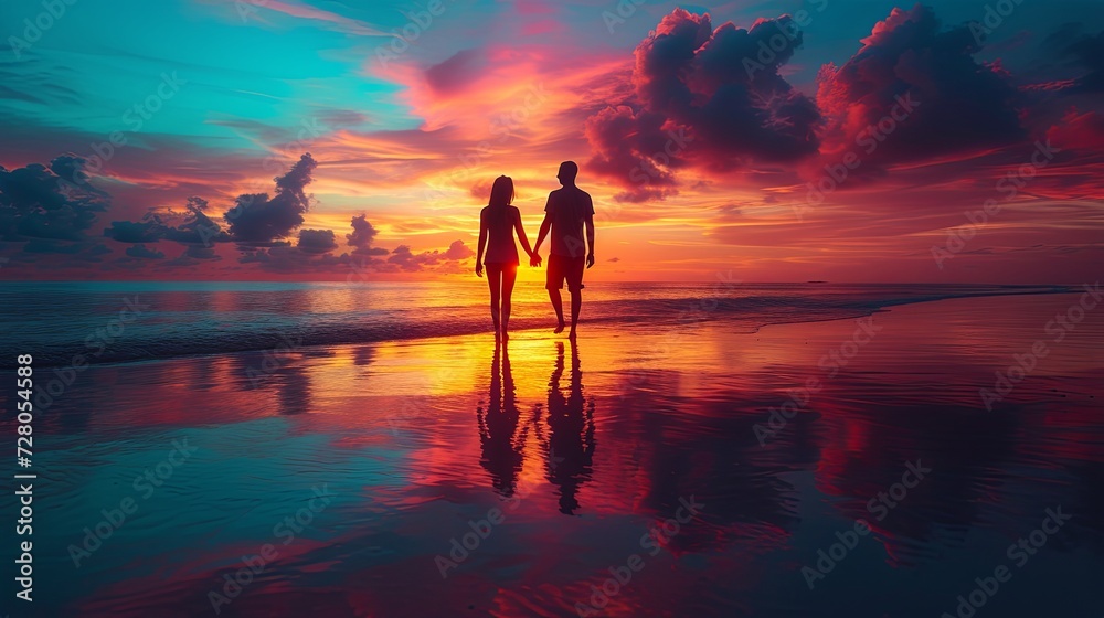 Two People Walking on a Beach at Sunset