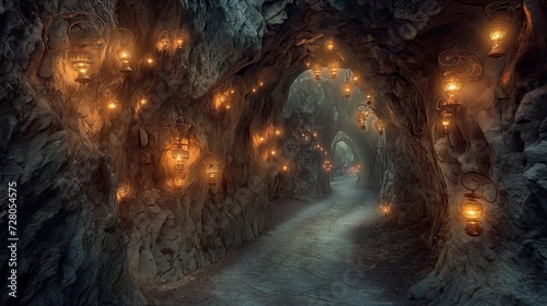 a stone dungeon cave adorned with glowing lanterns on its walls, where an illuminated magical trail leads out from the ancient cavern towards a mystical glow © lililia