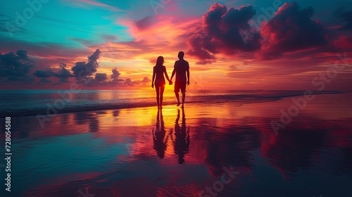 Two People Walking on a Beach at Sunset © DigitalMuseCreations