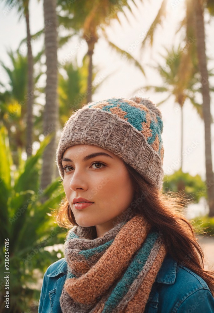 A beautiful woman in a warm hat and scarf on the beach on a hot day against the background of palm trees and the ocean A beautiful woman in a warm hat and scarf on the beach on a hot day against the background of palm trees and the ocean