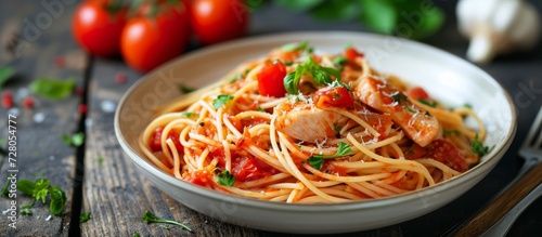 Delicious Spaghetti Pasta with Tomato Sauce and Tender Chicken: A Perfect Spaghetti, Pasta, Tomato, Sauce, Chicken Combination for a Flavorful Meal © TheWaterMeloonProjec