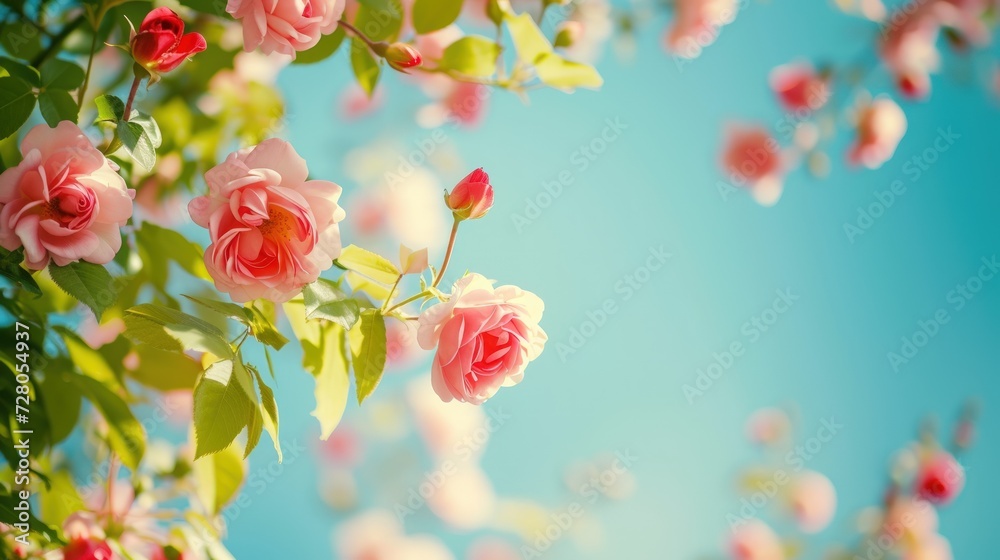 Beautiful spring border, Close-up of blooming roses on a blurred blue background. generative AI