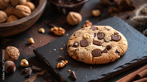 a round chocolate chip cookie placed atop a sleek black serving board, accompanied by an assortment of nuts, set against the rustic backdrop of a vintage dark kitchen table.