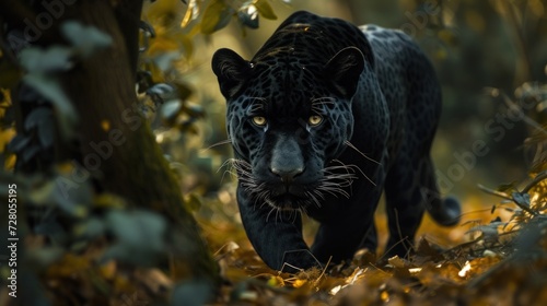 Close-up of a black panther in the jungle, A black jaguar walks stalking prey. generative AI image photo