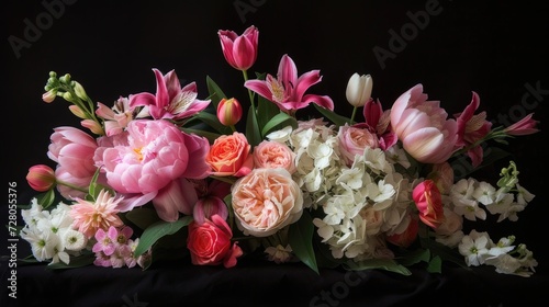 a bouquet of vibrant peonies, roses, tulips, lilies, and hydrangeas against a sleek black background, leaving ample space in the center for text, showcasing the beauty of these floral varieties. © lililia