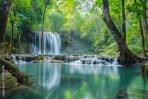 Panoramic beautiful deep forest waterfall in Thailand