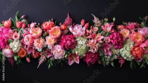 a bouquet of vibrant peonies, roses, tulips, lilies, and hydrangeas against a sleek black background, leaving ample space in the center for text, showcasing the beauty of these floral varieties.