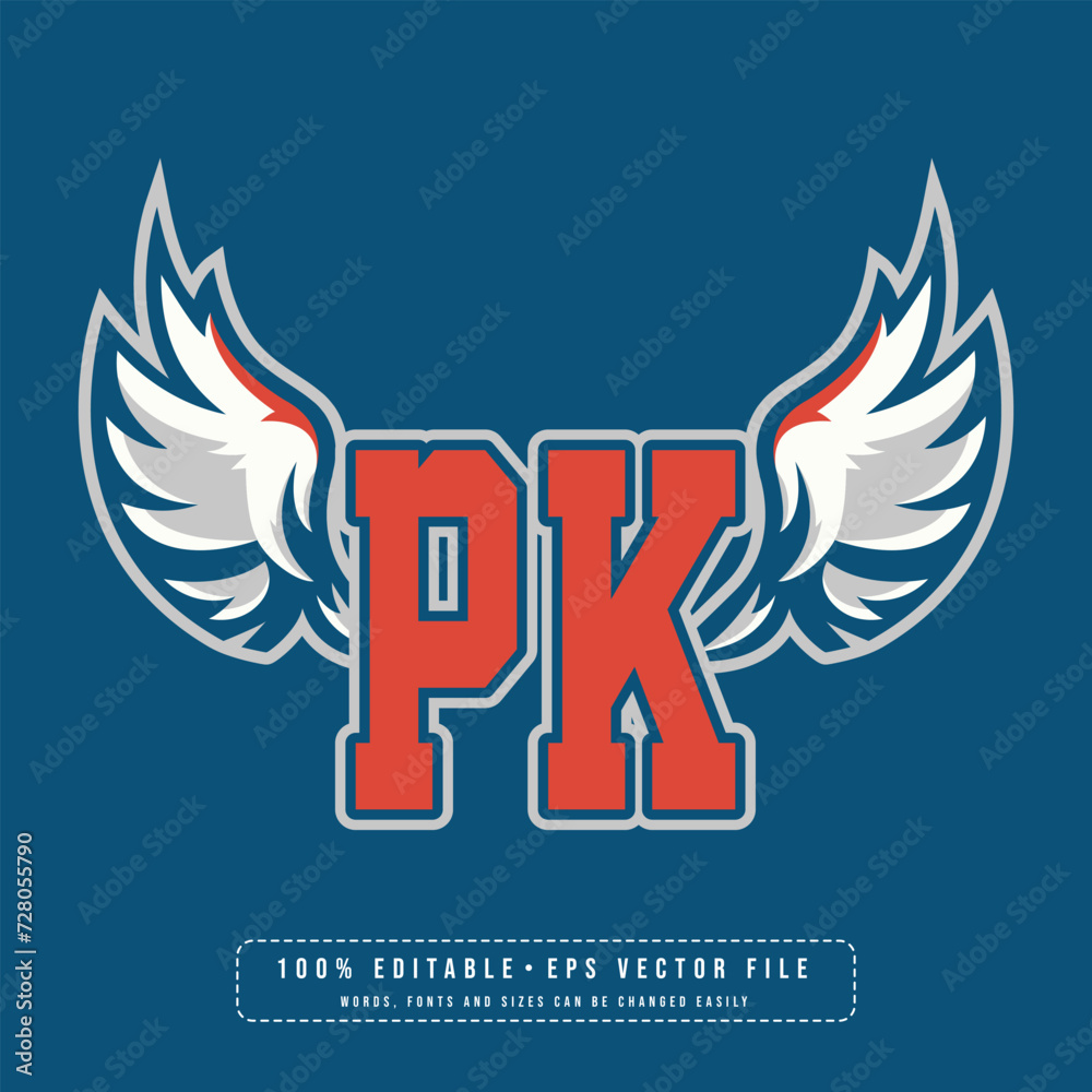 PK wings logo vector with editable text effect. Editable letter PK college t-shirt design printable text effect vector