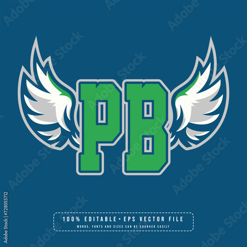 PB wings logo vector with editable text effect. Editable letter PB college t-shirt design printable text effect vector