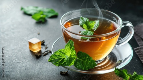 Portrait of Cup of hot tea with fresh mint leaves, Herbal drink concept. generative AI image