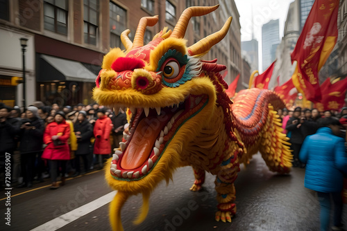 Traditional Dragon dance at street performance celebration of Chinese New Year festival background