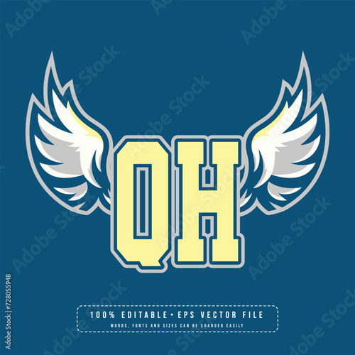 QH wings logo vector with editable text effect. Editable letter QH college t-shirt design printable text effect vector
