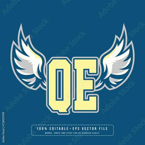 QE wings logo vector with editable text effect. Editable letter QE  college t-shirt design printable text effect vector